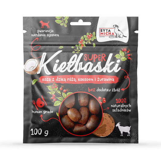 Klobasice za pse s kozo, divjo vrtnico in kokosom, 100 G