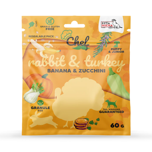 Chef suha hrana s probiotiki za mladiče in mlade pse - zajec in puran, 60g