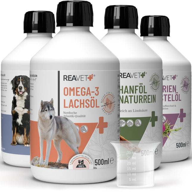Set BARF olj: Omega-3 lososovo olje, laneno olje, konopljino olje in olje pegastega badlja, 4x500ml