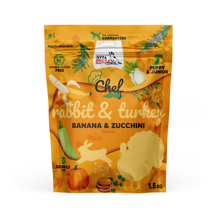Chef dry food with probiotics for puppies and young dogs - rabbit and turkey, 1.5 kg