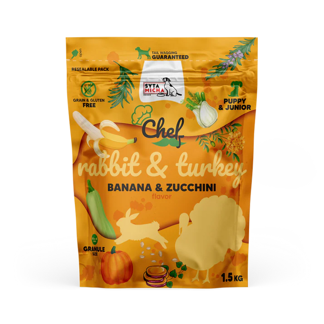 Chef dry food with probiotics for puppies and young dogs - rabbit and turkey, 1.5 kg