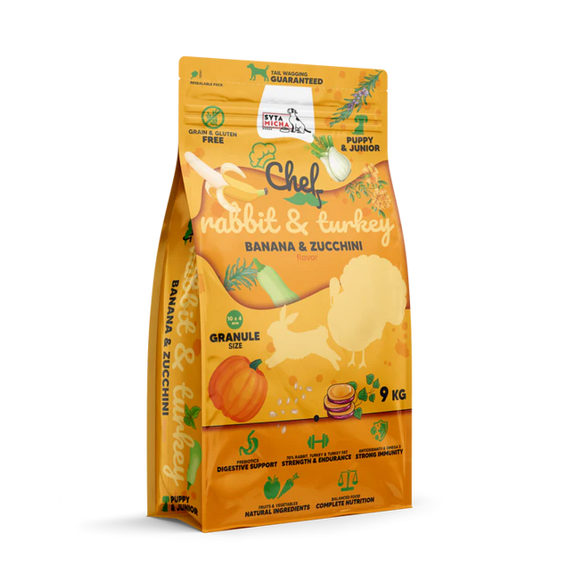 Chef dry food with probiotics for puppies and young dogs - rabbit and turkey, 9 kg