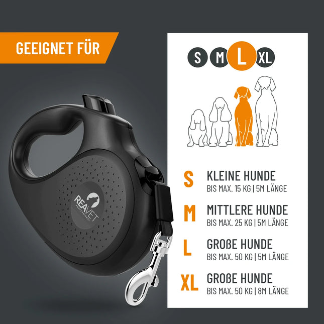Premium retractable dog lead, L - 5 m
