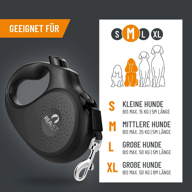 Premium retractable dog lead, M - 5 m