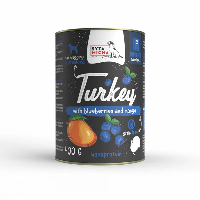 Wet dog food: turkey with strawberries and mango, 400 g